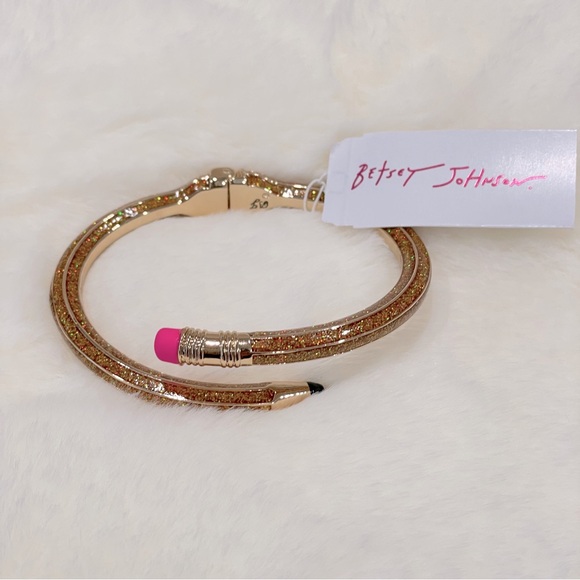 NEW‎ Betsey Johnson Gold Glitter Pencil Pink Eraser Bracelet Cuff - Picture 1 of 5